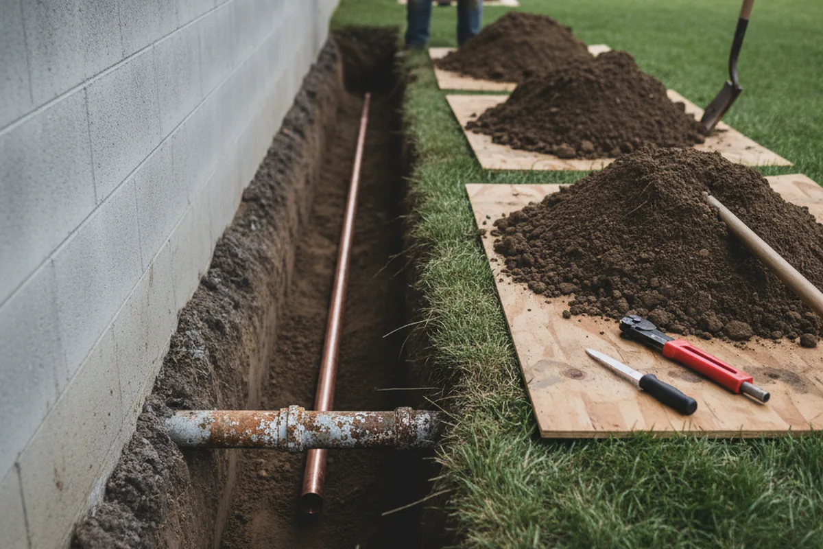 Excavated water line trench during Water Softener Installation in Olney